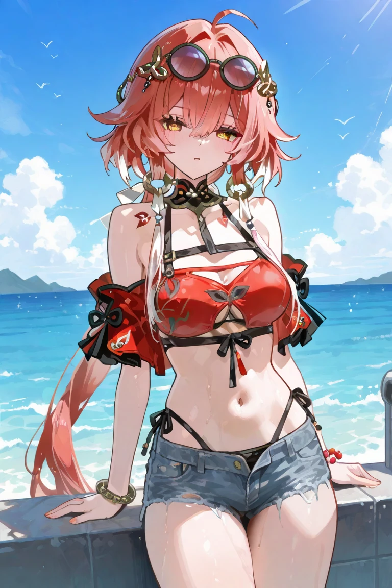 (masterpiece), (Top quality anime illustrations), Emphasize cleavage, Red Bikini,Red Hair、Swimwear、Titty fuck、Bob Hair、Showing off big breasts、short hair、1 person、Big Breasts、Beautiful breasts、Grinning smile、transformation