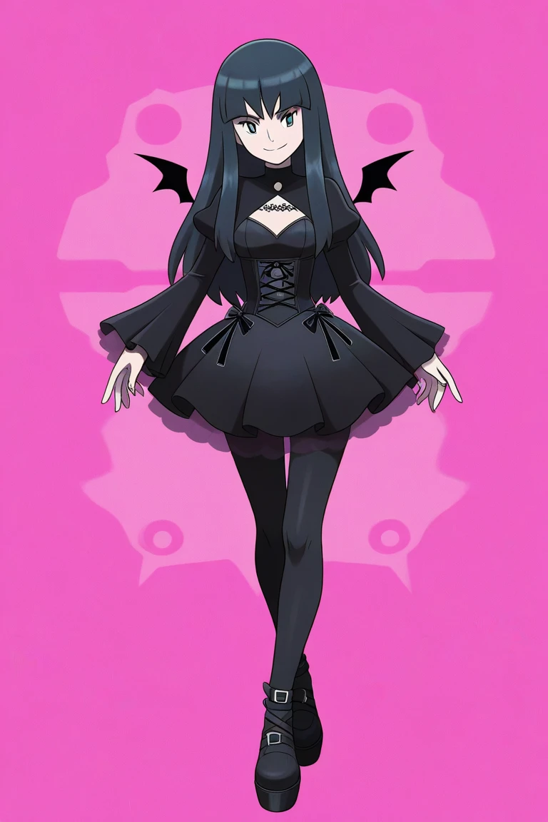 masterpiece, high quality, best quality, (concept art, official art,full body) (three sided view:1.3), ((character design sheet, same character, front, side, back)), virtual youtuber, girl, short black hair, straight bangs, magenta slanted eyes, fangs, black nails, puffy shirt, big bowtie, corset, skirt, stockings, boots, goth outfit, black long fingerless gloves, GothGal, (fishnet stockings, gothic print:1.25) girl wearing a GothGal outfit, large boots, high heel, girl wearing a black leather garterbelt and (multiple leather straps, multiple iron chains attached to rings:1.125), ((devil wings and devil tail)), simple background, highly detailed fine art, (finely detailed beautiful eyes and detailed face), delicate depiction of facial features