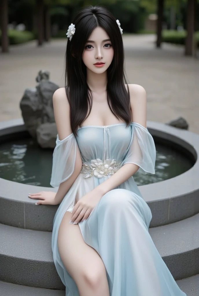 lace dress1,(knee shot),Pretty girl, young female model, Sweet maiden, rios, Rochas, waterfallr, Play in the river, posing elegantly, Taking photos in random poses, Shoot at random angles, tmasterpiece, best qualtiy, Extremely detailed description, Ultra-fine painting, delicated face, slim toned body,grin, Hefty Smile