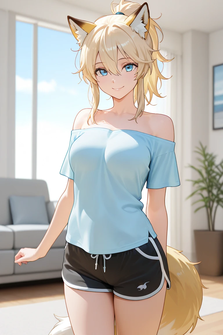 Beautiful round medium breasts, 1girl, ((Blonde hair with beautiful long braid)) ((wolf girl, cute girl face)) light eyes, has an beautiful sensual body with freckles, with full breasts and thin waist, HIP HOP Beautiful and cute sweatshirt with zip, cute legging shorts fabric delicate, has a bold appearance. young, quality, realistic, best quality, cute expression, pink lipstick lips, Cute smile, park