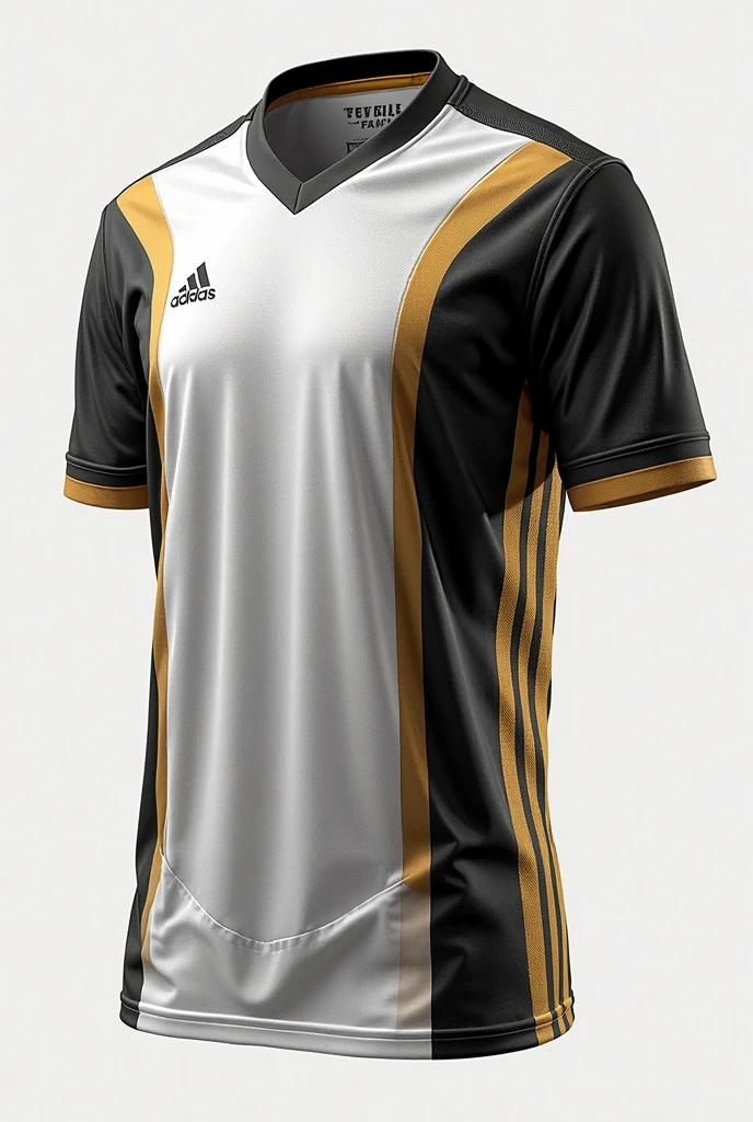 a soccer team uniform with the colors white, black and gold:

chemise:

Base: White with a subtle diagonal or geometric stripe pattern in a lighter shade of white for texture.
detaileds: Black collar and sleeve cuffs with gold detail.