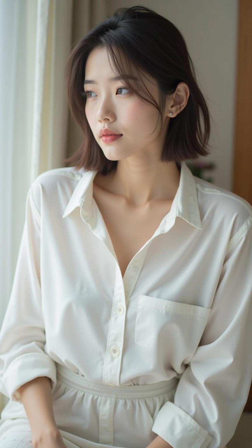 (Tabletop:1.3), (8k, Realistic, RAW Photos, highest quality: 1.4), Japanese, (One Girl), Beautiful Face, (Realistic Face), (Black Hair), Beautiful hairstyle, Realistic eyes, Beautiful fine details, (Realistic Skin), Beautiful Skin, Charm, 超A high resolution, Surreal, Very detailed, Golden Ratio、 Show from waist to shoulders, Beautifully detailed skin, (cute:1.2), (Black Hair), ((J-Pop Idol)), (Upper thigh:0.6), (Depth of written boundary),Soft Light, Lens Glow, View your viewers, (Droopy eyes:1.2), Straight teeth,smile, Floating Hair, Brown eyes, Movie Scenes, Cinematic, Full Color, 4K, 8k, 16K, RAW Photos, Tabletop, Professionally color coded, Professional photography, Very large breasts、Cleavage,Saggy breasts、high school girl, Put your hair up, think,(Sweat,Haa)1.2,(blush,Open your mouth)1.3,Soft Clean Focus, Realistic lighting and shading, (Very delicate and beautiful art)1.3, elegant,Active Angle,Dynamic pose, Realistic, (cute女の子:1.1), High resolution, Ultra Clear, Sharp focus, ,Cosplay, slim, transparent white cloth,Gray Hair, High Ponytail, (Off-White Damask Long Sleeve Shirt Dress:1.3), (Thom Browne designer dress:1.4), (Very detailed背景, Detailed background: 1.3), Bokeh, Depth of written boundary, China City Street, There is no one in the background,(Skirt flip、Pink Panties:1.1)