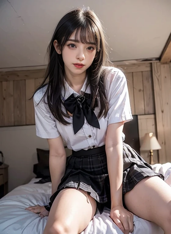 (8K, Raw photo, Best Quality, masutepiece:1.2), high-definition RAW color photography, professional photograpy, cowboyshot, (Realistic, photographrealistic:1.37), ((Best Quality)), girl, Cinematic Light, (finerly detailed face:1.2), (masutepiece:1.5),No Underwear, crouching down, Do not wear panties, crouching down to pick up something that fallen on the floor,(Best Quality:1.2), (Mole:0.5), Squatting, Eyes are fixed on an object on the floor, bowtie, (Detailed Students:1.2),You can see inside the skirt from the front,If you look from the front you can see between the legs,Skinny Legs,long legged,Thin leg, Skinny Girl, Korean Beautiful Girl,Legs wide open,perplexed look,Impatient expression,Blouse with wide open chest,Small breasts are visible,The movement of lowering the right hand to the floor and trying to grab something,No need to consciously look at the front camera.,crotch opens,Costumes in pastel colors,Not wearing panties,A slender,skinny body,Open your left and right legs firmly,a short skirt,blouse without neck collar,Shirt with wide open chest,Since my breasts are small, the top of my bust is clearly visible.,No collar,No ribbon,Smaller chest,laceless sneakers,A plain and serious high school girl,