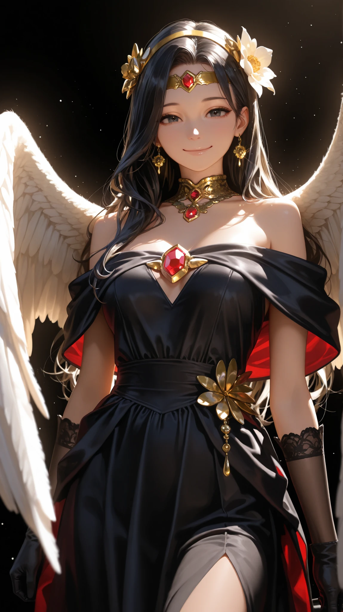 Zobria , angel wings, beautiful woman, (photorealistic), backlight, black background, black dress, black gloves, black hair, smile, cowboy shot, dress, earrings, Rich Hair, gloves, gold earrings, gold headband , Hair Flower, headdress, (( headband )), jewel, light particles, long hair, See the viewer, off-the-shoulder dress, off-shoulder, petal, Side lock , alone, spike, 아름다운 dress , double sided fabric , ((masterpiece))