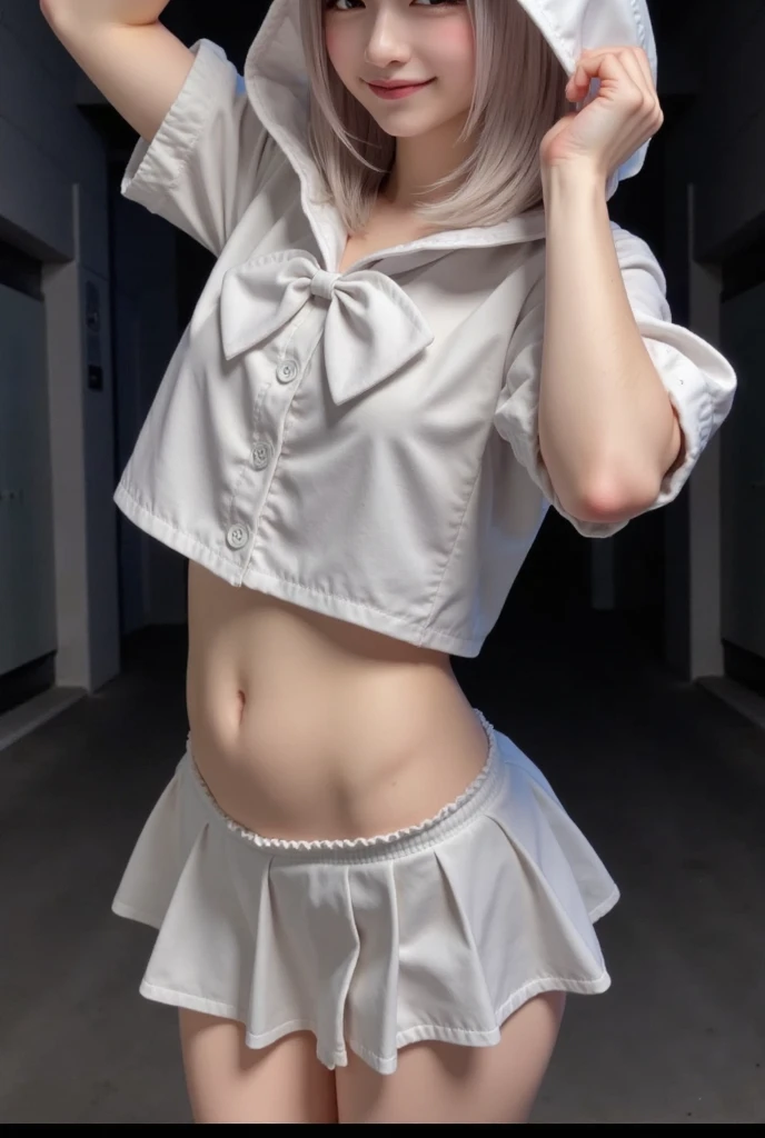 1girl、(A young Team Rocket girl)、Young face、(seductive grin smug)、Messy Hair、Twin tails、Long blonde hair、(Forehead)、Team Rocket,Team Rocket uniform, , Short white skirt,see-through skirt, (((skirt lift by myself)))、Red letter R、White crop top, Underboob、covered erectile nipples、belly button、(Black thigh-high boots)、Black elbow gloves、Plump thighs、spread legs、zettai ryouiki、((sexy))、1boy、(penis)、(((eject cum)))、((Angle looking up at sexy panties))、((Angle from below))、(Gaze Here)、(((showing panties))), 