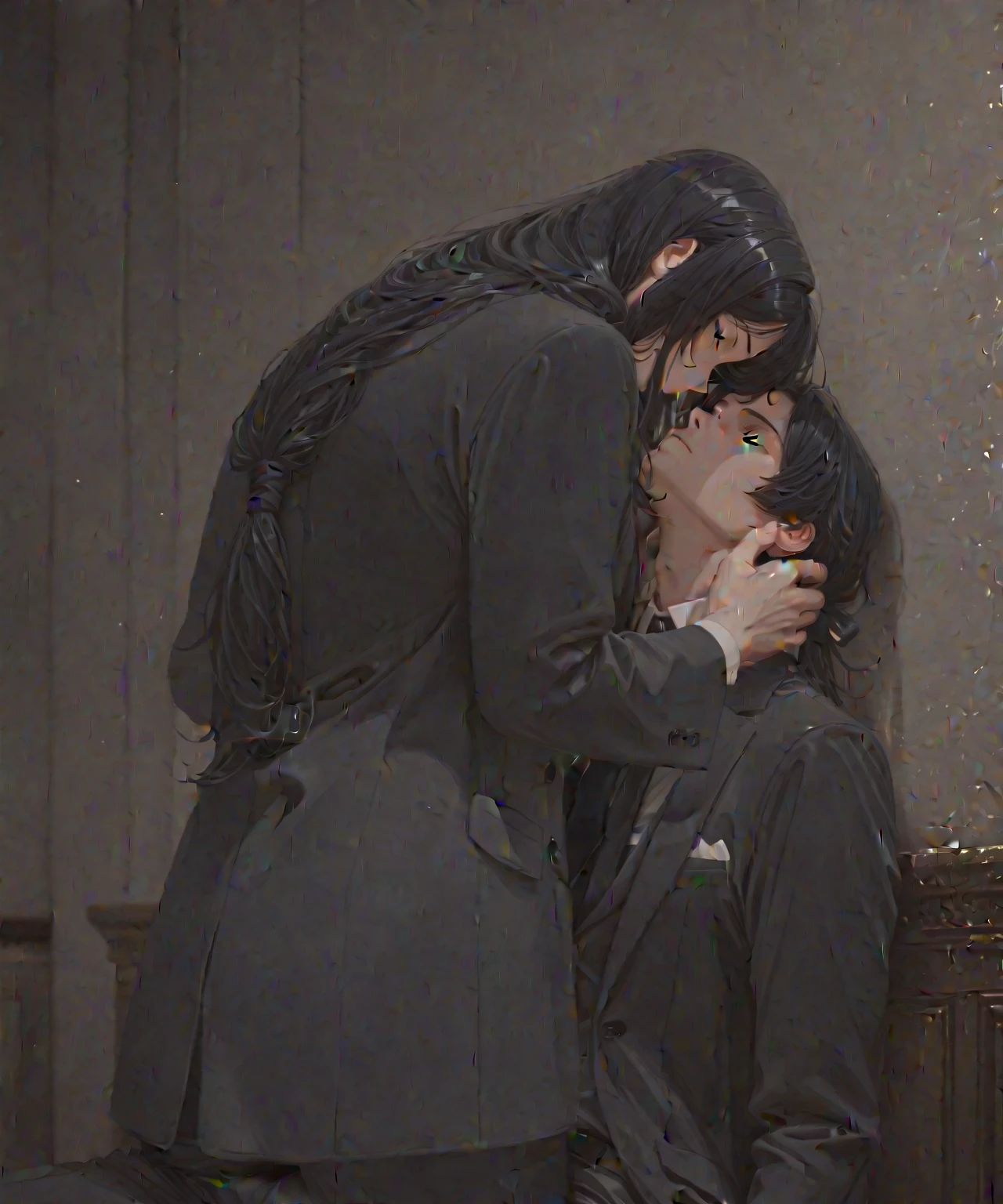 Black haired anime guy carrying a white long haired man in hid arms bridal style
