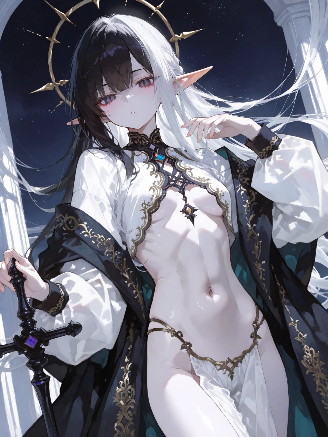 (Photorealistic:1.4), (Masterpiece, Exquisite Beautiful cold Eyes: 1.2), Realistic, 3D Face, magic circle,Glossy Skin&long silver wavy hair-skinny15years-old,bangs,aura background,small breasts,,black&gold outfit,Abdomen,