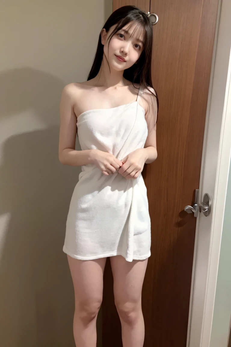 (((8k、High resolution、Highest quality、High resolution)))alone、Natural body shape、White skin、Natural Makeup、((Black Hair、bangs、Straight Long Hair))、(((Beautiful girl with BodyTowel wrapped around her naked body)))、、(:1.4)、(())、(((((Full body photo)))))、(((Looking into the camera)))、((()))、Bedroom、((())) 、(())、((bath towel))、((Cheeks turn red))、Puzzled、shame、Shyness、((Bare thighs))