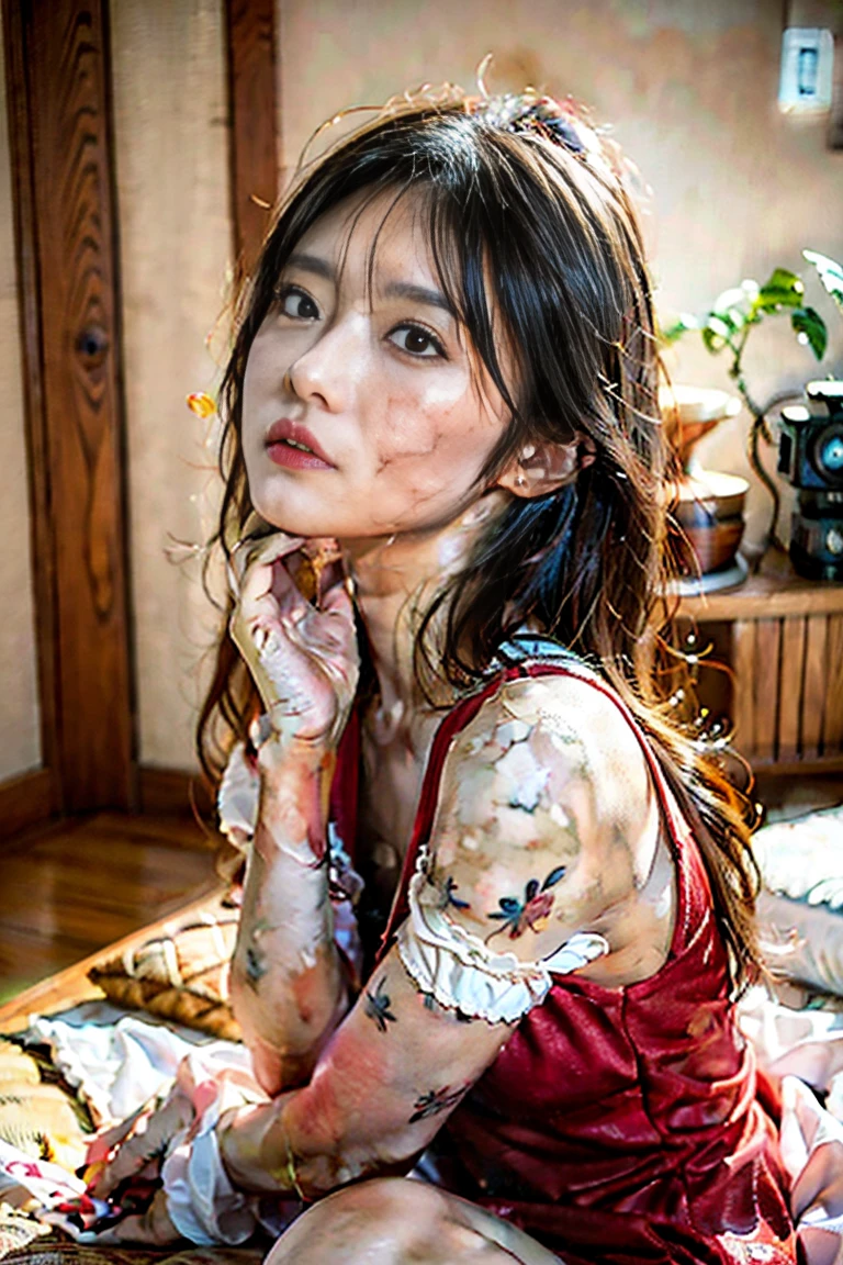 High resolution, One girl, Long Hair, chest, A realistic high school girl, wearing a traditional kimono, captured from head to toe in a bizarre and unsettling pose. The background is a typical horror movie setting, reminiscent of the Japanese horror film "YOU-ON," featuring a dimly lit, abandoned house with creaking wooden floors, eerie shadows, and cobwebs hanging from the corners. The scene should be photorealistic, exuding a sense of dread and unease.