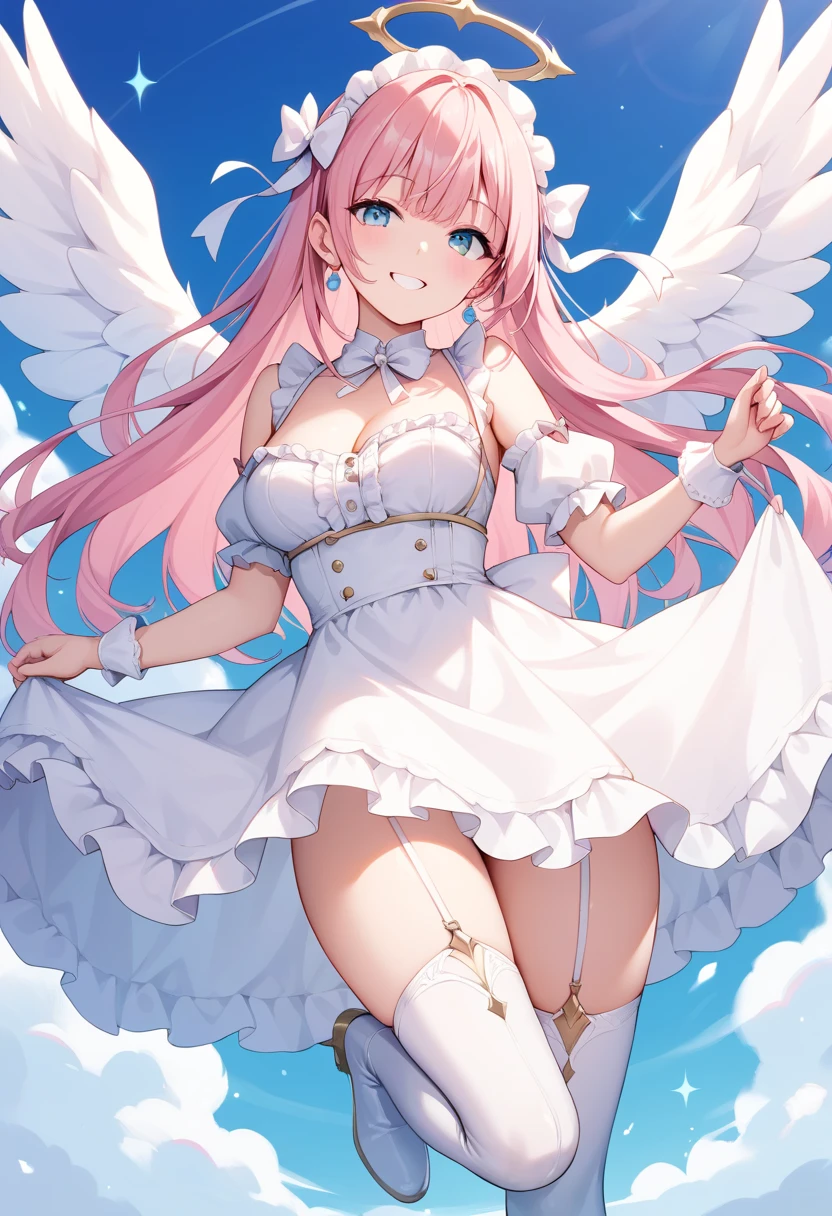 ((Masterpiece)),(Best Quality),(Highest resolution),(8K),(Clean lines),(Perfect Face,Perfect meat),(Official Art),(Magical girl),, Cute white outfit, ribbon, huge breasts, Big angel wings, Night Sky, smile