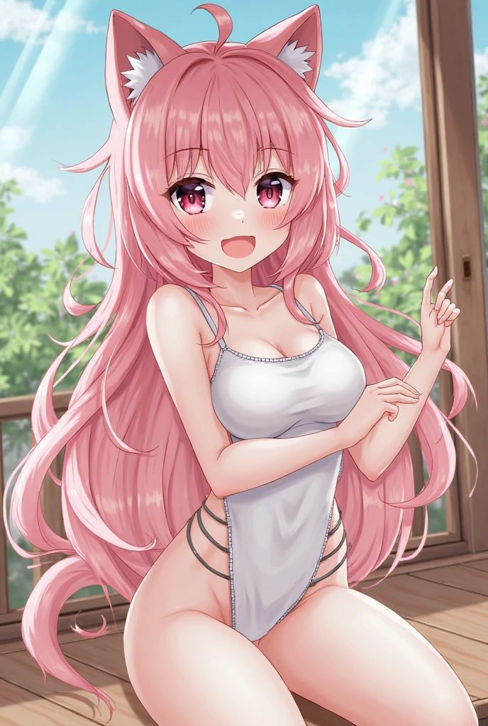 little cute girl with long pink hair, adorned with a captivating smile. She confidently wears minimalist attire that tastefully showcases her healthy and shapely figure. Portray her radiant charm and self-assuredness through her expression and posture, embodying a perfect harmony of beauty and confidence