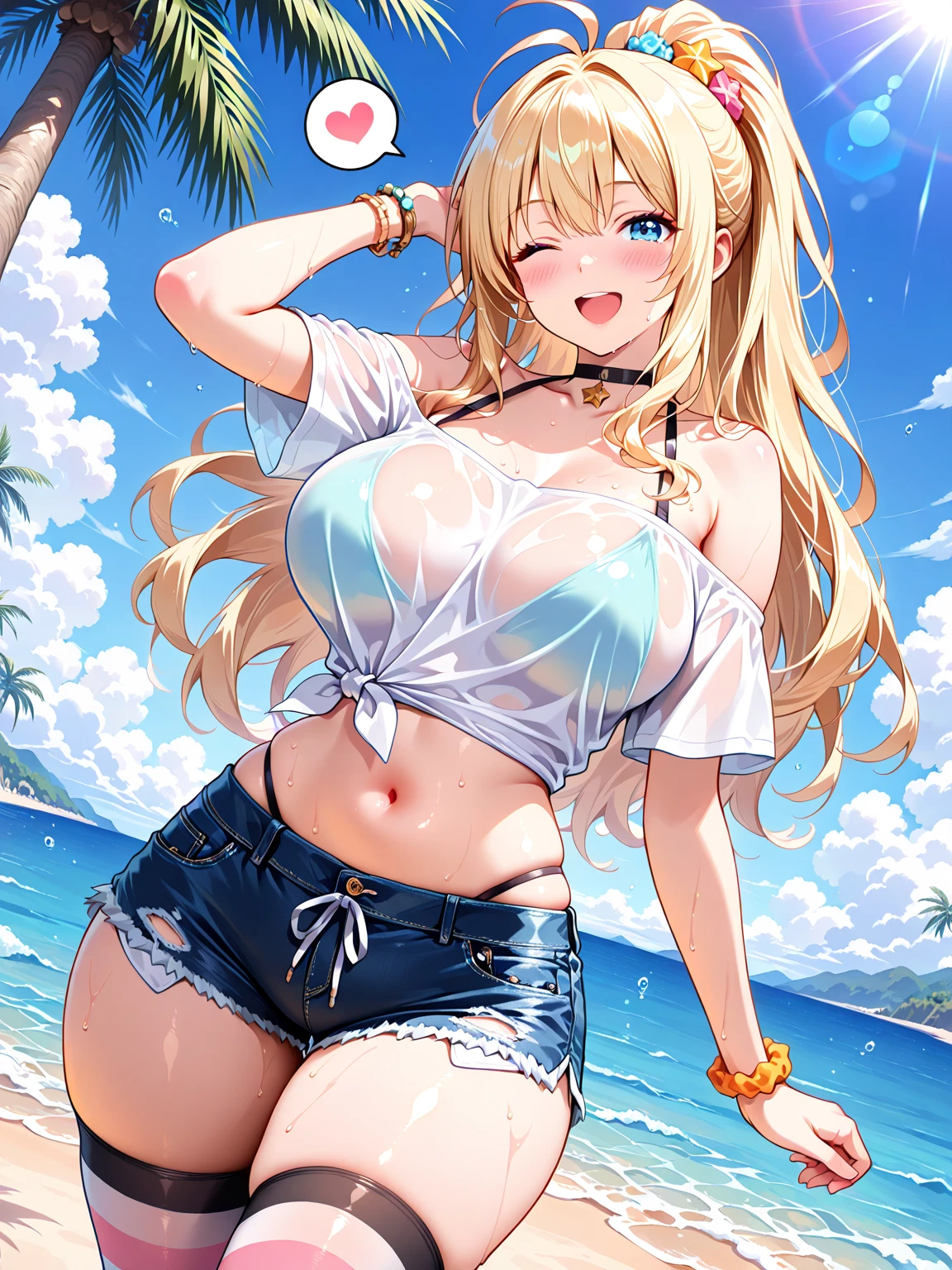 Very detailed、Highest quality、Best image quality、masterpiece、8k、(Two women standing side by side:1.5、Two women hugging each other)、(shoulder-length blonde hair、Medium Long Hair)、(smile、Open Mouth) 、(Hilarious)、(Big eyes)、(Beautiful and shining eyes)、(Detailed anime eyes)、(Puffy eyes)、(Big Breasts:1.5、topless:1.5、only breasts are in full view :1.5、bare breasts:1.5 、bare nipples:1.5、 thick nipples、erection of nipple、pepperoni nipple、necklace)、((SFW Huge Body))、Cowboy Shot、(highleg panties:2.0、Calvin Klein T-back、ckundies)