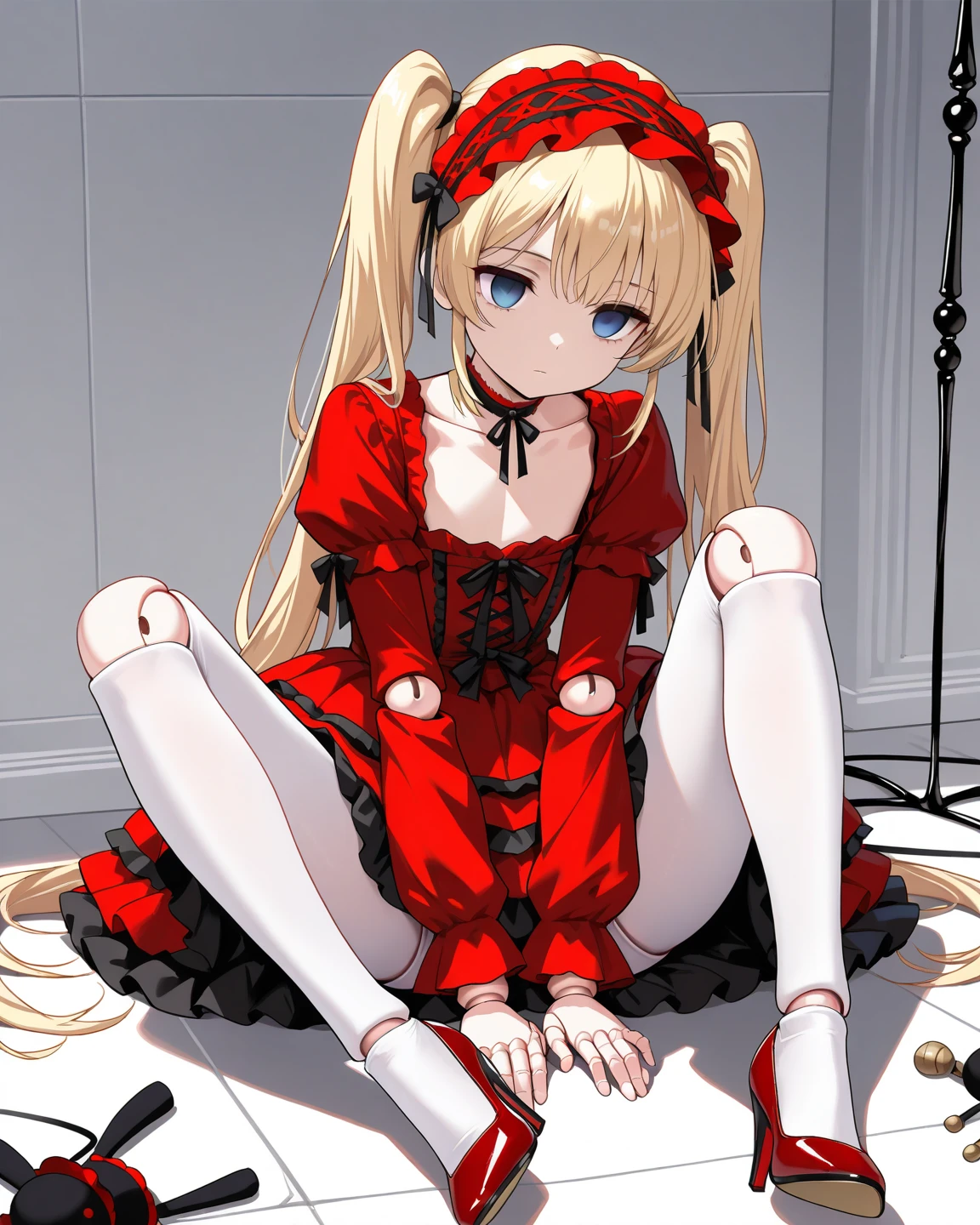 Shiny blond hair, very long hair, sophisticated haircut, ((((hair fully braided)))), ((small twisted braids)), thin and oval face, submissive, (((gagged))), ((((black tight corset)))), ((((tight skirt)))), cute and blushing 18 years old anime girl, look away because she is embarrassed and blushes, bright blue eyes, detailed face, detailed members, detailed arms, detailed hands, ((((sparkling diamond jewelry)))), tiara, ((makeup)), high heels, puffy sleeves, long gloves, long eyelashes, Girl lying, tied by ropes, shackled, can no longer move, tied tightly, very hard tied up with lots of ropes, hampered by so many ropes that she can no longer move, bound hands and feet, ropes tie his whole body, tied extremely tightly and forcefully to her bed by a lot of ropes, its limbs are strongly tied together by ropes, his torso is tied up with thick cords, her chest is so tied up with ropes that it sticks out, her legs are tied tightly with thick ropes, his hands are tied behind his back with ropes, she can no longer move her feet, her hands which are tied by thick ropes, she desperately tries to free herself, likes to be tied tight with big ropes, likes to be immobilized by big ropes, lying down, his hands and feet are strongly tied to the railing of his bed, his legs are pressed together and tied with ropes, its limbs are held vigorously by imposing ropes, her hands are tied securely behind her back by ropes, her chest is compressed by strong ropes, she is pressed against her bed and restrained by large ropes (shibari, arms behind the back:1.4), (hands on the back), (masterpiece, best quality) 1.5, 1girl, solo, (sexy, beautiful woman, perfect face, perfect eyes, perfect hands), samus aran, (shibari, arms behind the back:1.4), (hands on the back), Spread the legs, s' ((lie in bed by big ropes)), ((close up of the girl)), ((((lie in bed))))