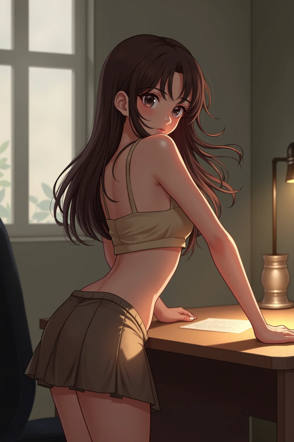 Full-size adult woman, blushing, smiling, mouth, lips, ear, nose, eyebrows, large brown brown hair color, full height, light brown eyes, wearing underwear, looking at viewer, grimace on ahageo-shaped face, underwear black, black bra, white skin color, background scenery, in the window, plants around, on the sides, living environment, leaves flying, raining heavily, water