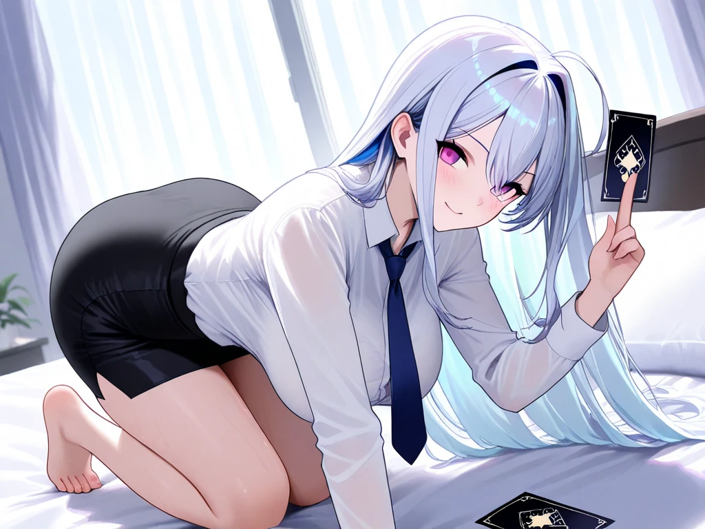 laying on the bed spreading leg, 1girl, anime girl, silver hair, long twintails, silver eyes, dark blue crop top school suit, black skirt with white line