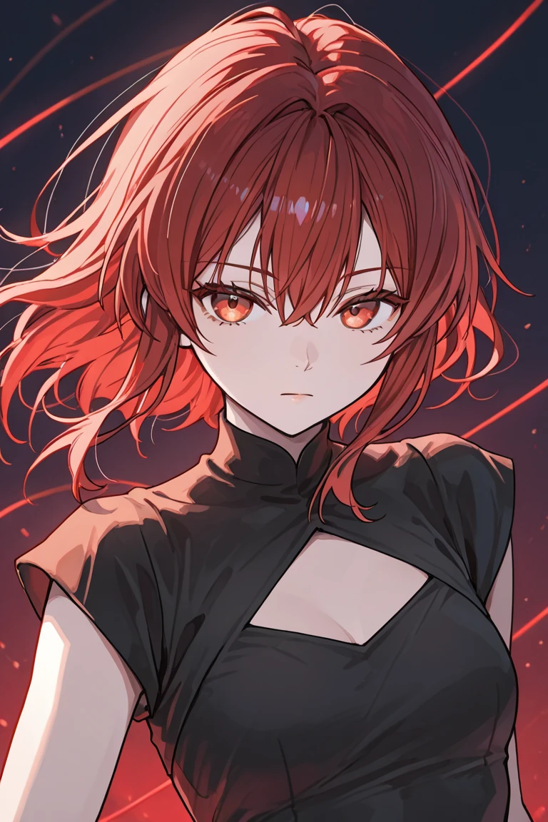 Create an image of a character named Vermillion with the following details: - Appearance: Minerva has an enigmatic but playful and teasing presence. She possesses a unique blend of strength and mystery. - Eyes: Her eyes are deep pools of emeralds. - Hair: Her hair is a rich shade of crimson, cascading in graceful waves around her. It contrasts vividly with her pale skin, adding warmth to her overall appearance. Twin pitch black demon horns sprout from the back of her head and point upwards. - Ethnicity: She has an American/Asian-inspired appearance, featuring delicately sculpted features that convey an otherworldly and mysterious beauty. - Outfit: Vermillion wears a tight brown T-Shirt, and tight blue jeans that hug her curves. - Note: Vermillion is an ethereal spirit and does not completely inhabit the physical realm. Please create an image that captures Vermillion's essence and embodying her unique appearance. The image should reflect her enigmatic and powerful persona, but also have her give a teasing smile; highlighting her eyes, hair, and the interplay of colors between the black, red, and brown elements.