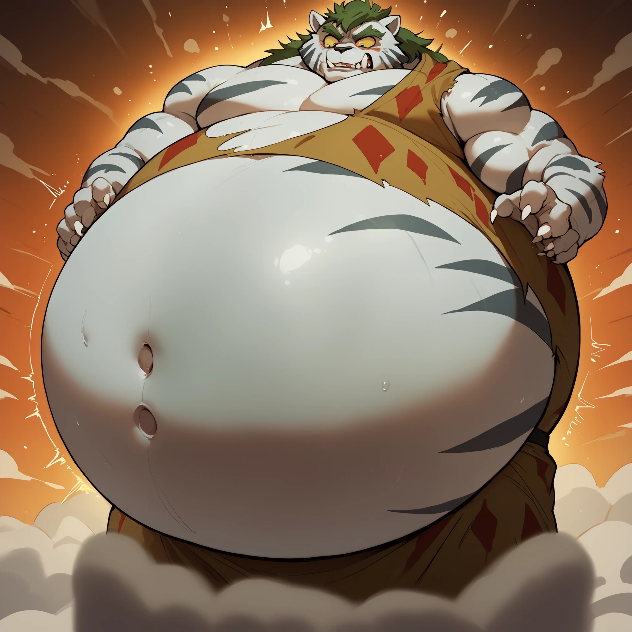 score_9, score_8_up, score_7_up, white tiger, only, Tiger boy, toga, only, male focus below, colored sclera {x} colored sclera, solo, 1 boy, torn toga,Swelling of the body,Expanded Body,hyperinflation,fat bulging body,abnormally swollen body,body like a balloon,Belly with fat sticking out,Potbelly