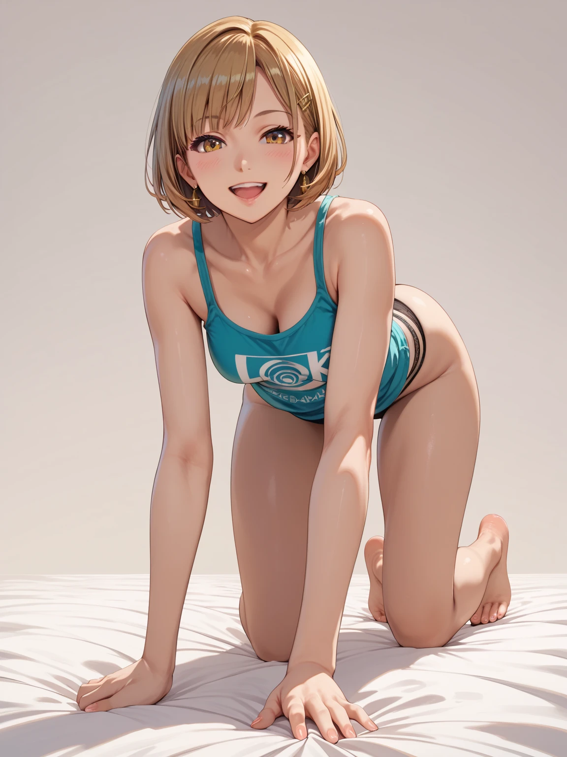 European junior high school girl, beautiful girl, blonde, short hair, small breasts, crawling on all fours, composition seen from the front, dislikes
