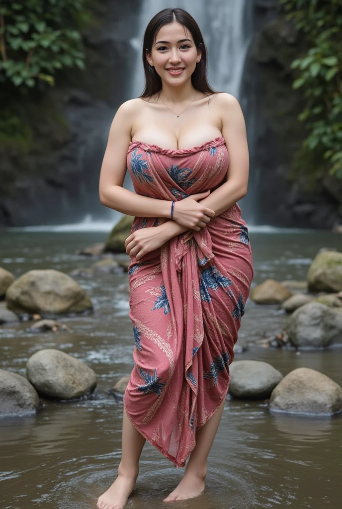 Cute girl wearing sarong dress with seducing pose, big smile, happy, bustling, ((whole body)) turning away facial at viewer, closeup, heavy mountains, misty, fog, woman standing in the waterfall, wet body, wet clothes, wet skin, beauty skin, huge breast:1.5, thick thighs bright lighting, big round ass, cute face, slim abs, 35mm lens, Extreme close-up, depth of field cinematography effect, romantic film genre, 8k resolution, high quality, ultra detail