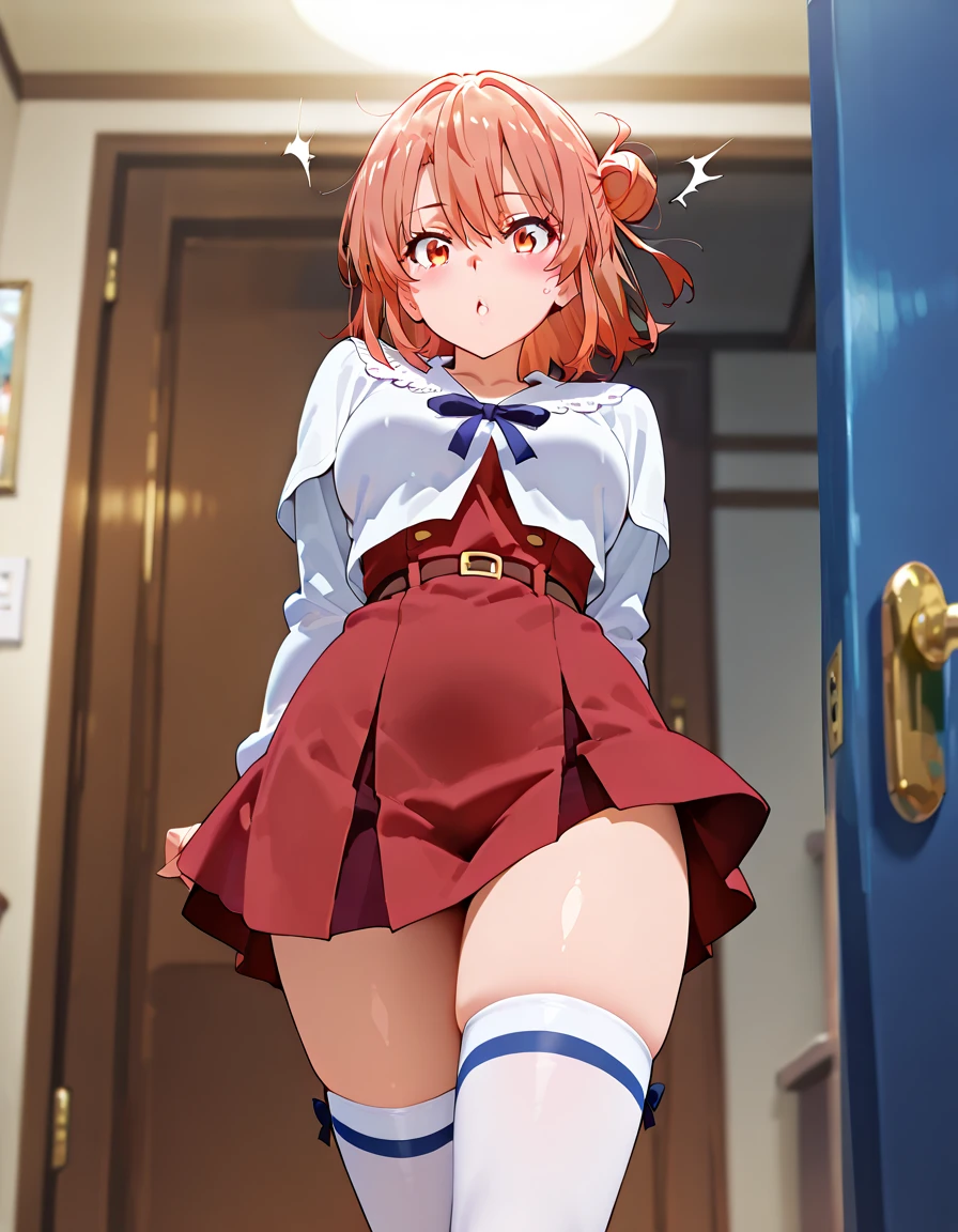 masterpiece, Highest quality, High resolution, Airoha, Medium Hair, Neck ribbon, Collared shirt, blazer, Black jacket, Open jacket, Long sleeve, Check skirt, Hands on hips, street, Are standing, Small head, Wide pelvis, Thick thighs, (Large Breasts), (Roll up your skirt:1.5), (スカート that rolls up:1.5), (Panties in full view:1.5), (Red panties:1.5), (View of the crotch from below_perspective:1.5)