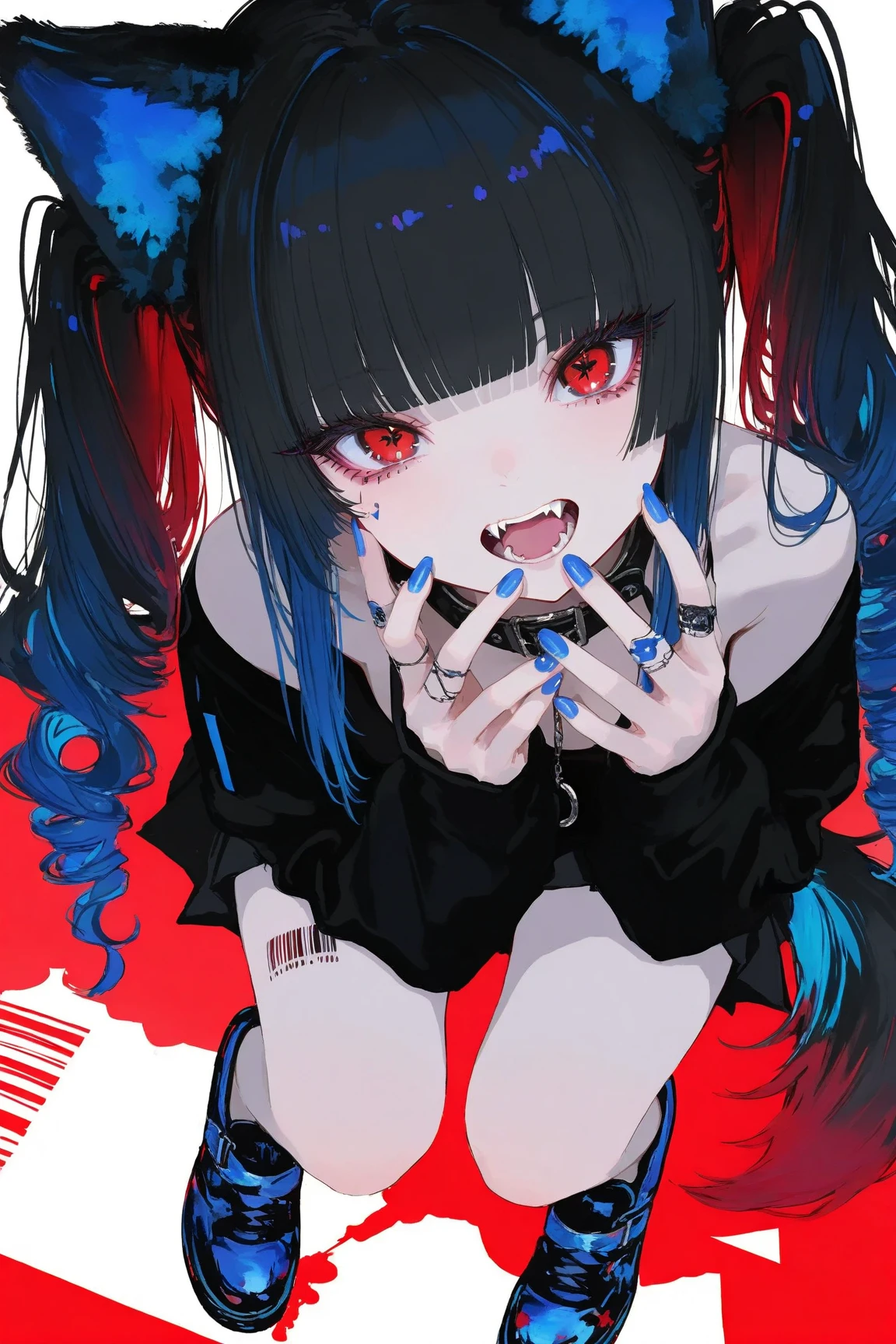 masterpiece,  best quality, newest, highres, absurdres, <lora:sh1un_style:1>, shiun_(siun_5513),painting \(medium\),paint,abstract background, abstract, 1girl, red eyes, solo, jewelry, blue hair, red background, twintails, chain, earrings, spikes, cross, red nails, open mouth, necklace, long hair, torn clothes, looking at viewer, detached sleeves, breasts, bangs