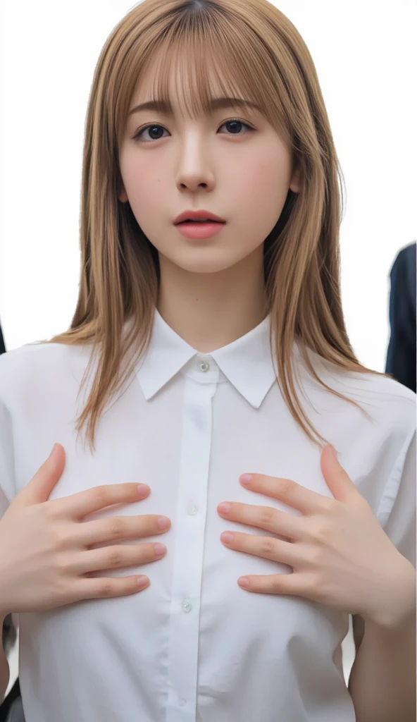 absurdres, (masterpiece, best quality), (ultra-detailed), extremely detailed,super high resolution, (Top Quality photorealistic Illustration), (Super Definition), (best quality,masterpiece:1.0),(cute illustration:1.3), (high Saturation:1.2), highres, ultra-detailed, 32k,8k resolution, intricate details, cinematic scene, detailed background, Soar (High chroma),(Sparkling),bathroom, BREAK (1 girl) (round face:1.6), (kawaii:1.6), (cute:1.6), Beautiful and delicate eyes, Delicate and beautiful face, Facial accents, Perfect figure,(open shirt:1.6), (show off nipples:1.6), (exposing bare breasts:1.3), (exposed chest:1.3), (no bra:1.3),(flat chest:1.6), (small nipples:1.2), (small areolas:1.2),Uniforms、bright expression、poneyTail、Young shiny shiny white shiny skin、Best Looks、Natural black hair with dazzling highlights、shiny light hair,、Super long silky straight hair、Beautiful bangs that shine、Double eyelids、eye liner、Glowing crystal clear attractive big brown eyes、Very beautiful nice cute 14 year old Nordic girl、