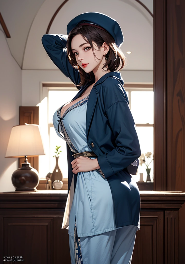 Smile full of happiness、((Looks happy:1.3))、、Panting face、Lacking、Sweating、Expression in a state of excitement、short-hair、eye glass、Photorealistic,High resolution,Soft light,1womanl,hips up high, Large breasts, Blue eyes, Expensive jewelry, Small indigo traditional costume with elegant and sexy fabric,