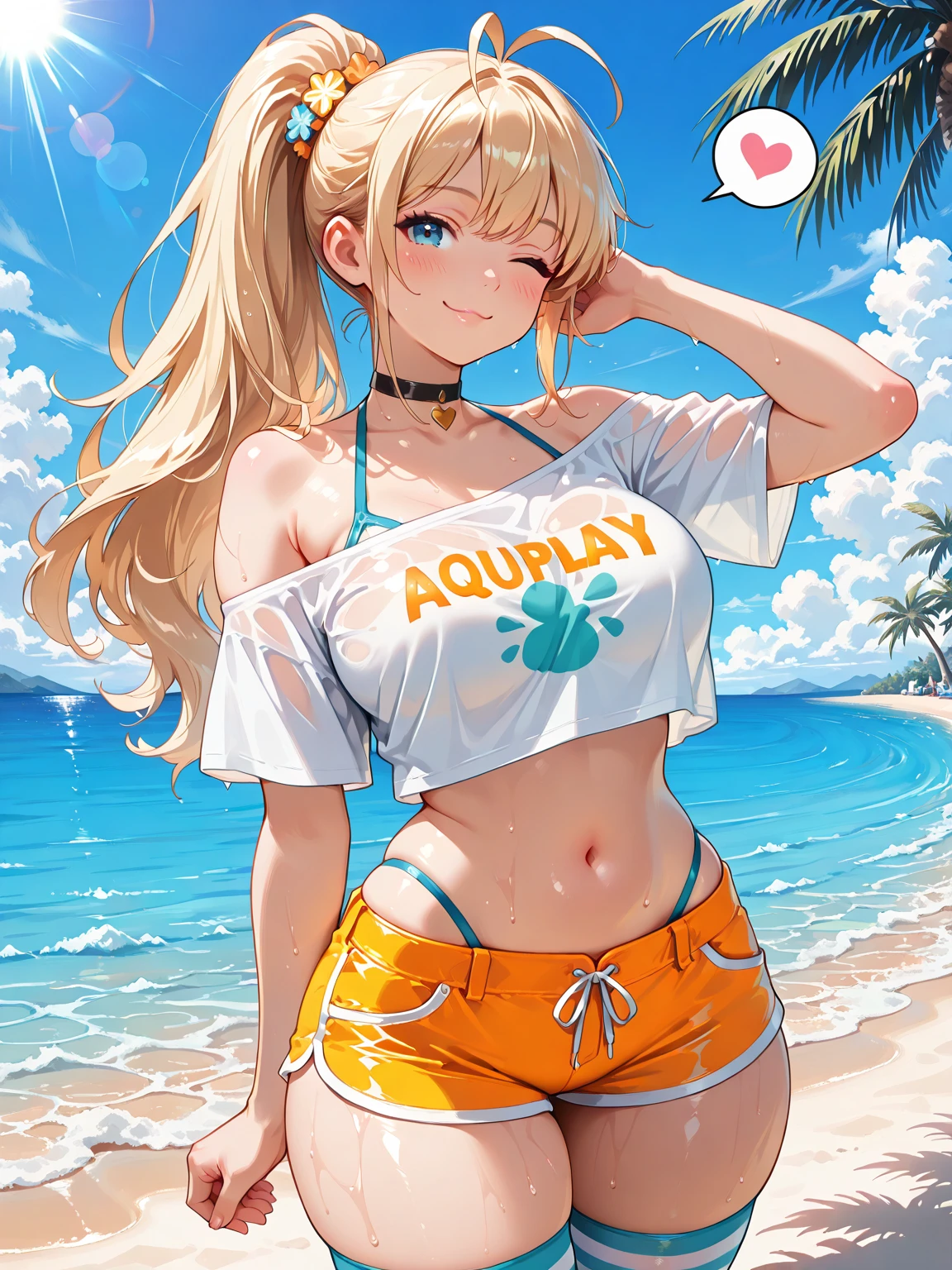 a seductive sweaty woman with neon-Blue bikini lying dancing on beach, sports-bra bikini, she is smiling, blue eyes, blonde curly hair, long curly hair, lying, dancing, night sky, ponytail, neon-bluebikini, sweaty body