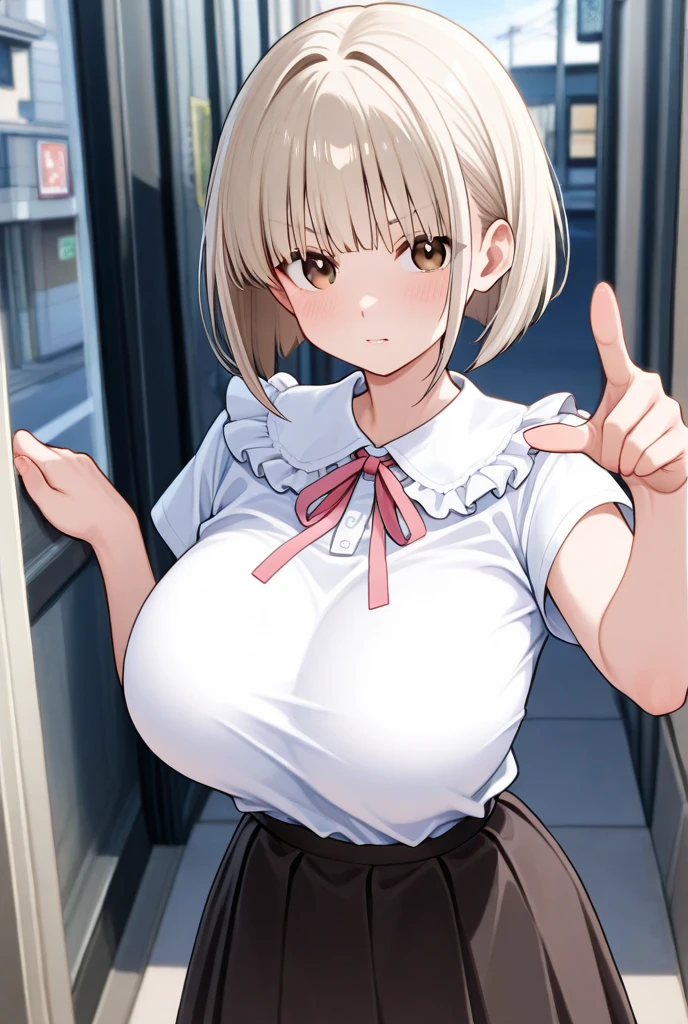 masterpiece、highest quality、be familiar with、1 female、18-year-old、Transparent blue eyes、blonde、black skin、((embarrassed face、blush、Watery eye、full of embarrassment、oil skin、shiny wet skin)), short hair、Seductive thighs、big breasts、big breastsの谷間、Women lining up at the cashier counter、A female shopper puts a condom on the checkout counter、((super Oversized plain T-shirt)),wet, ((steam,sweat)), 