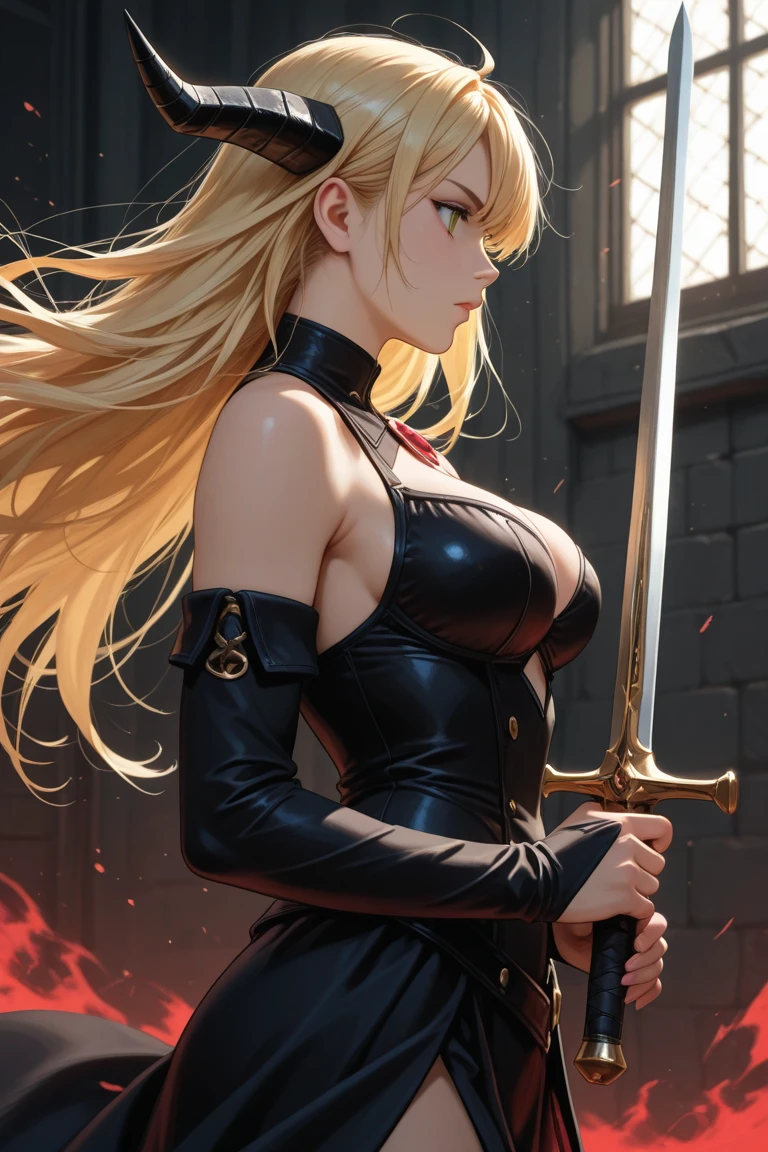 slender, mature female,breasts, rating:safe, 1girl, long_hair, breasts, red_eyes, solo, blonde_hair, looking_at_viewer, cleavage, dress, bare_shoulders, very_long_hair, eyebrows_visible_through_hair, hair_between_eyes, gloves, closed_mouth, cleavage_cutout, bangs, elbow_gloves, black_dress, large_breasts, standing, blurry, sleeveless, detached_sleeves, medium_breasts, from_above, depth_of_field, sword, weapon, black_gloves, holding, black_sleeves, blurry_background, cowboy_shot, bike_shorts, leaning_forward,floating_hair, sleeveless_dress, sidelocks, belt