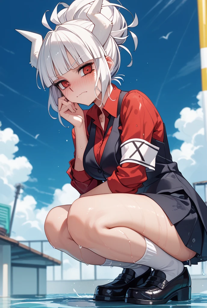 top-quality、supreme１People Girls,hightquality,A detailed face、A detailed eye、Detailed nose、Detailed mouth、 Beautiful expression, ((masuter piece)), ((High resolution)), ((Best Quality)), detail, (NSFW:1.4 ,With a disgusting face,Glaring at this), ((Skin shiny with sweat)), (School Athletic Clothes:1.2、Loose socks)、 girl with, silber hair, (a short bob)、Sit at a desk and open your legs:1.3、fair white skin:1.3、、large full breasts, cinmatic lighting, perfectly shaded,(((dark storeroom))), Realistic lighting with shades,Reflecting the whole body