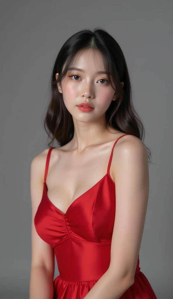 Good hands, 4k, high resolution, masterpiece, best quality, head: 1.3, (Korean K-pop idol), fine skin detail, in focus, (cinematic lighting), clavicle, morning, soft lighting, dynamic angle, [: (face detail:1.2):0.2], armpit wrinkles, thigh gap, red clothes, slender, medium breasts, cleavage, full body,