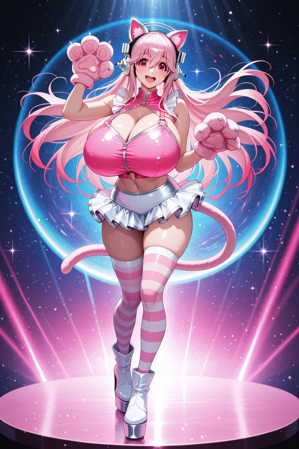 Felynn, yellow eyes, cute, smiling, pink hair, ponytail,
cat hands, toned, navel, clothing clothing cutout,
cowboy shot, outer space, stars,
(insanely detailed, beautiful detailed face,beautiful detailed eyes, masterpiece, best quality) < <lora:Felynn-10v5:0.8>