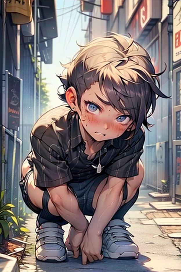 anime, 最high quality, high quality, High resolution, Beautiful woman, High detail, Good lighting, Obscene, transformation, (No nudity), (((Jeans ))), ((Tight leather top)), (((Shiny Pantyhose))), Leather thigh-high boots, Bare abdomen, (Wet shorts), (((Be incontinent))), (((Peeing))), (((Peeing on your own))), (Pee running down my legs), Pee stains, (puddle), (Thick thighs), Nice long legs, lipstick, Detailed face, Pretty face, Clean hands, Embarrassed and blushing face, Humiliated, ((Spread your legs)), (squat), ((In a wide alley)), Heherz