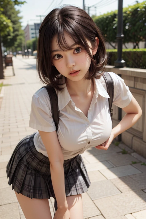 (((round face, drooping eyes))), (straddling the top of safety fence to hit her crotch for masturbation in various downtown place, open mouth), short hair, (pleated skirt), various patterned panties, trees, plants, spread legs,