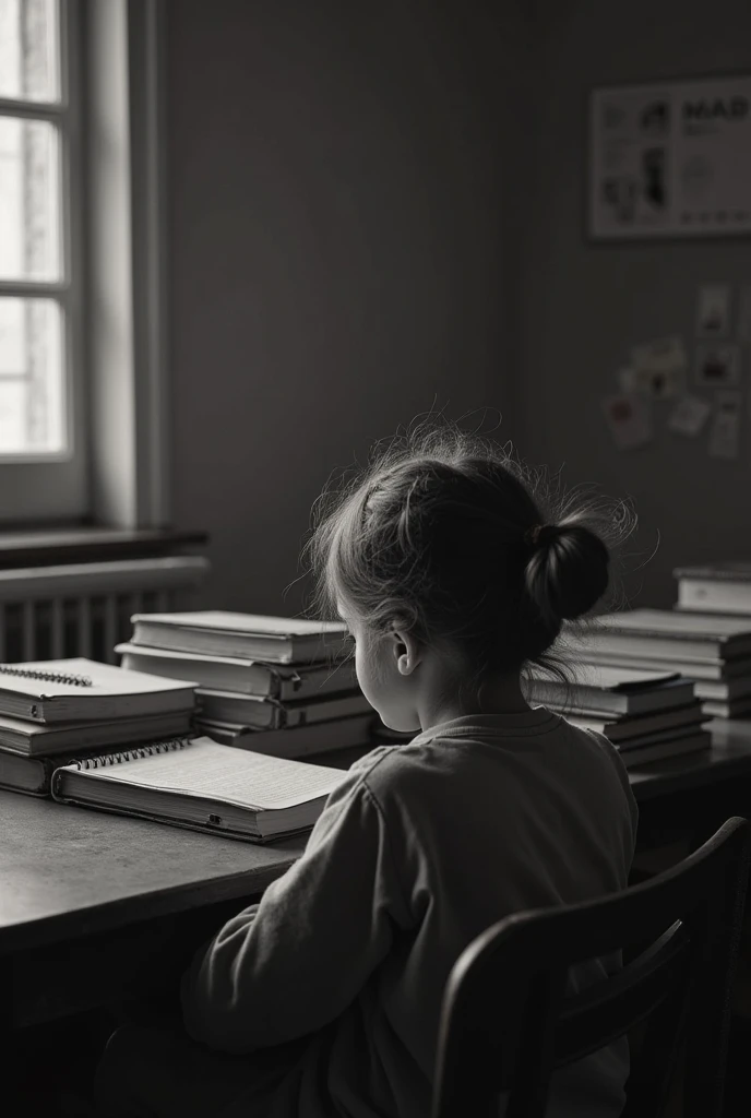 Gloomy picture, Black and white photo, Tondark, boy-girl, sit, Study Desk, Table facing the audience, ren blindfolded, studying, Thick hardcover book,  Many Books , Classroom books in layers table, พ่อ-แม่ยืนประกบลูกที่sitอ่านหนังสือเรียน พื้นหลังเป็นพื้นที่มืดมนสลัว
