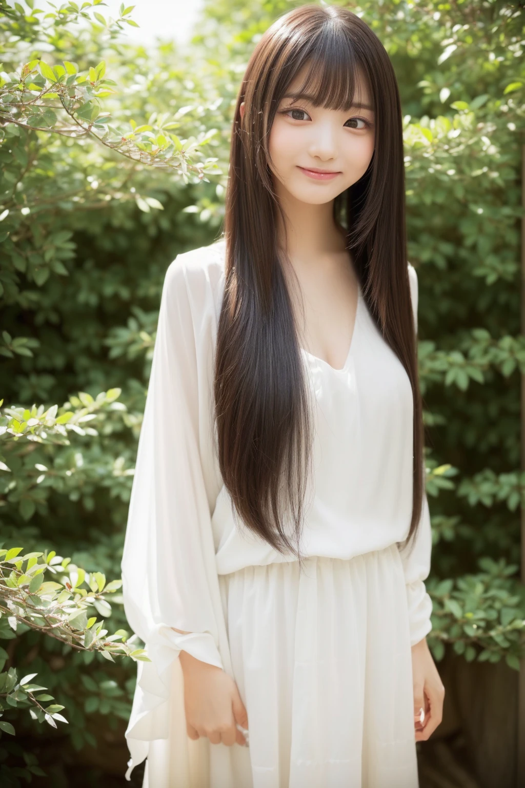 early summer、a beauty girl、sixteen years old、Open your mouth a little、Black hair straight long hair、summer  dress、sheer summer cardigan、sandal、
