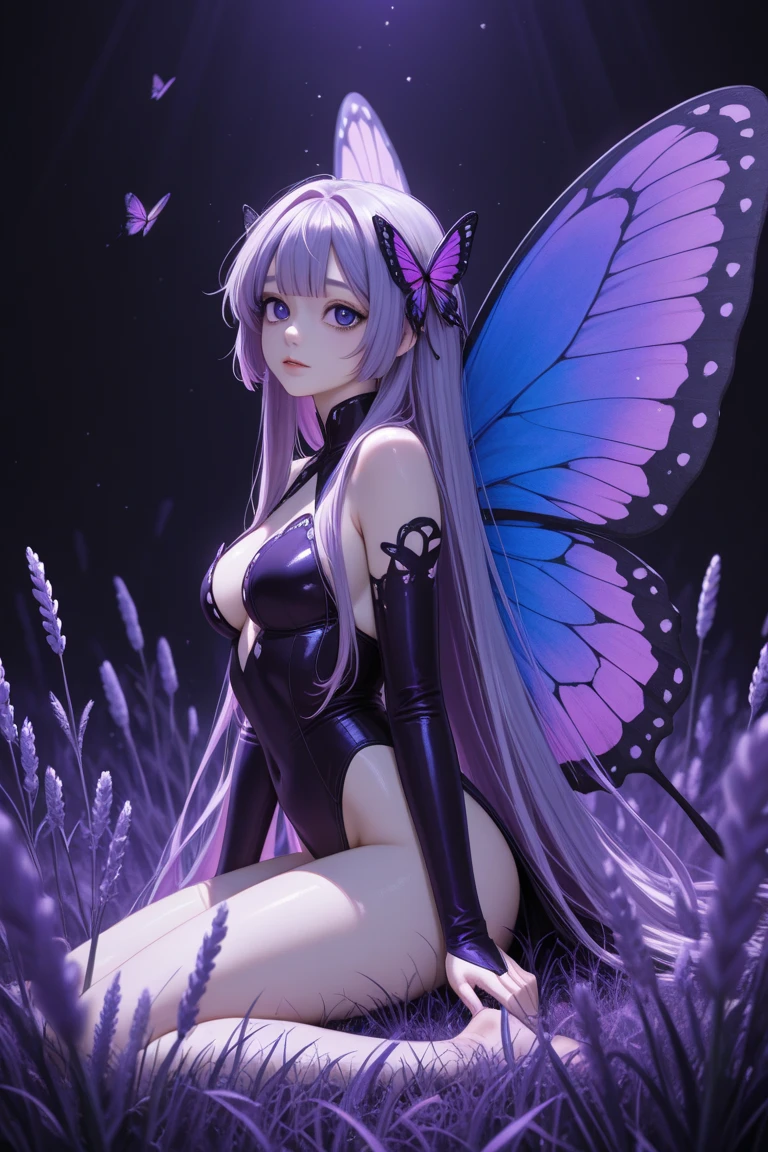 Woman with dark blue hair, butterfly wings, galaxy rainbow, leotard