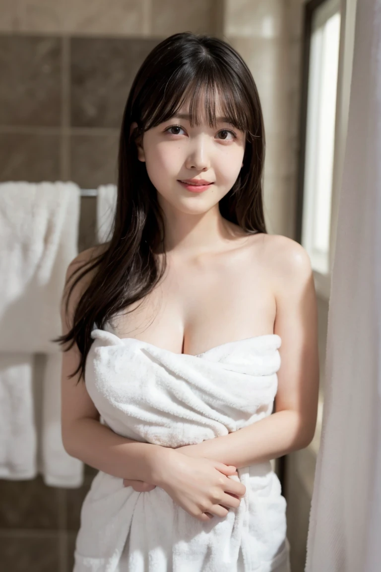 Highly detailed CG Unity 8k wallpaper, With the highest quality, super detailed, master piece, Realistic, photos realistic, extremely detailed cute girl, 25 years old, blush,, Round eyes, medium breasts, looking viewer, Half body shot , Towel , Bathroom, Sitting ,