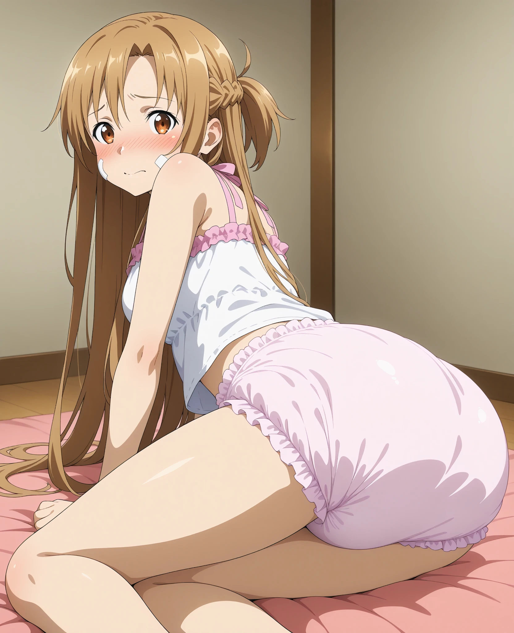 ((masterpiece)), ((best quality)), (ultra-detailed), anime style, look up from below, on the bed, a cute girl, 1girl, solo, underwear00, ((beautiful eyes)),  smile