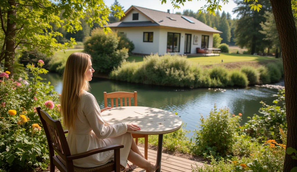 her name is Olivia, high quality, 1girl, ((27-year-old fit Caucasian woman)), ((27 years old)), ((BODY TYPE: HOURGLASS)), ((Ponytail HAIR)), ((EYE COLOR: Light blue)) pose: SITTING, wearing Casual Shirt and Short Generation-Z modern wear VARIETY colored, BACKGROUND: " A rustic lodge nestled in the forest, with a roaring fire and wooden tables."