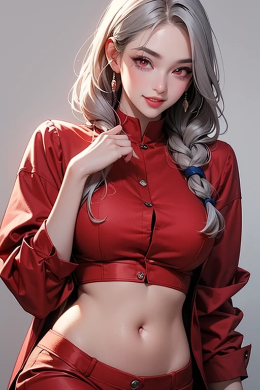 (beste-Qualit, 4k, tmasterpiece :1.3), a handsome female, A hyper-realistic, (attractive body: 1.2), ultra-detailed face, detailed lips, A detailed eye, open neckline, (sparkly skin: 1.2), hanging breast, beste-Qualit, ((body complet, including legs)), ((1 Russian girl with gray hair)),  Extra-long braided braid, (Evil grin;1.4), red-eyes，Lift the jack，The body in perfect proportions，sharp silhouette，Explicit cleavage，Polyethylene film，tight-fitting，(little chest: 1.4), (Bare Tits: 1.3), Tits Out, The pervert is exposed，Sexual suggestiveness，Sexual activity, glittering，Maximum transparency of clothing，Short red top, Upskirt,  Short red skirt，red gaiters, white sneakers, lower breast，A well-thought-out body，climax，Authentic skin texture，realistic detailed，Beautiful light and shadow，perfect image quality，extra high resolution, (sits in the pose of a rider:1.3), Hand squeeze, pubic tattoo, tattoo on the abdomen, Tattoo on boobs, Simple background, blue tile wall, white tile flooring