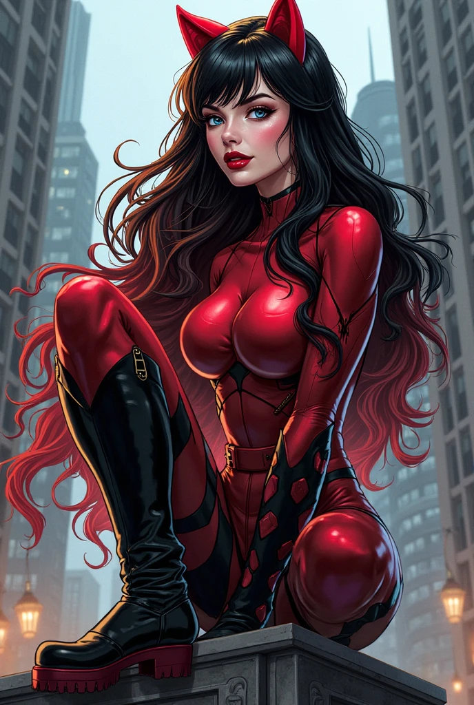 Jessica Rabbit in a big red dress, high-cut, long purple elbow length gloves, POSE SEXY E SENSUAL
