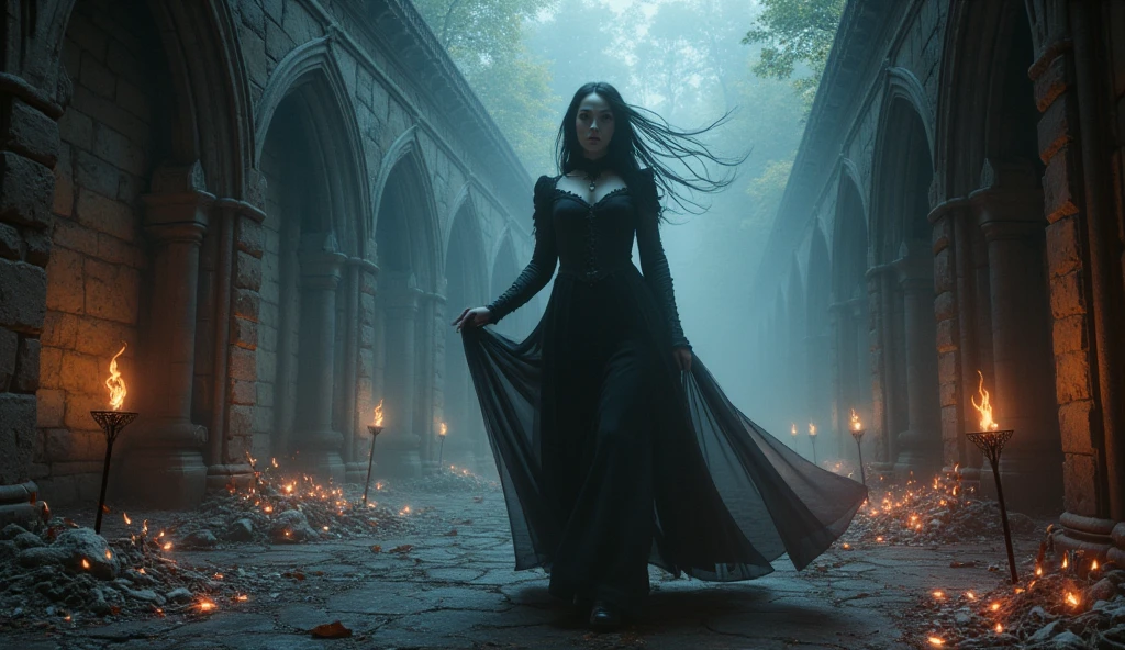 A female , Hourglass Body, in a snowy Climate, long And Tangled hair, red eyes, Wears Silky Black Gown, Barefoot, standing, outstretched arms, Sadistic Smile, Primal Setting, Jungle ruins Back ground, HD, Ultra Scenery, Vivid lighting.