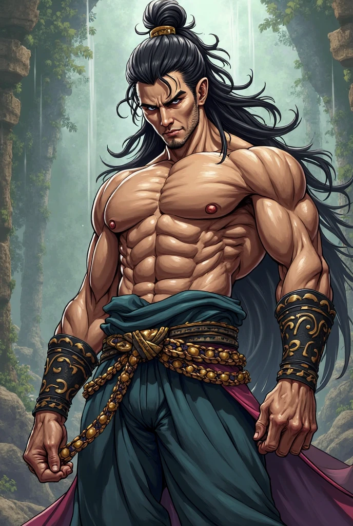 1male, tan skin, black hair, short spiked hair, black beard, full tribal tattoos, baggy tanktop, blank pants, arms crossing, expressionless, city background, detailed background, standing on path