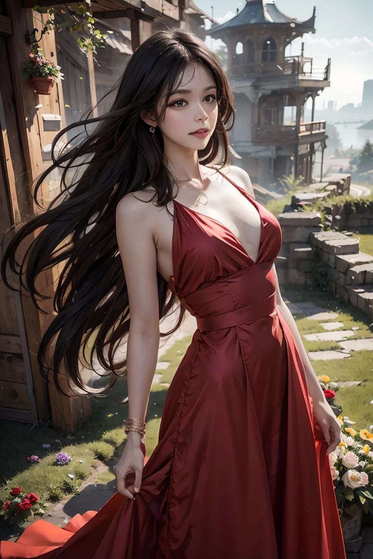 very detailed, dynamic, cinematic, very cool, realistic lighting and shading, vivid, vibrant, octane render, very detailed, concept art, realistic, hazy foreground, hazy,(dramatic, gritty, extreme:1.4),masterpiece, best quality,crazy details, intricate details, very detailed, ultra high quality, high detail, very detailed, masterpiece,forest,sunlight,flowers,purple flowers, 1 woman,Moyou,(true wind:1.11),((blow long hair,smiling)), (((red dress,dress,whole body))),black hair,masterpiece,blue sky, (detailed light),(very delicate and beautiful),volume light,best shadow,flash,depth of field,dynamic angle,View,whole body,