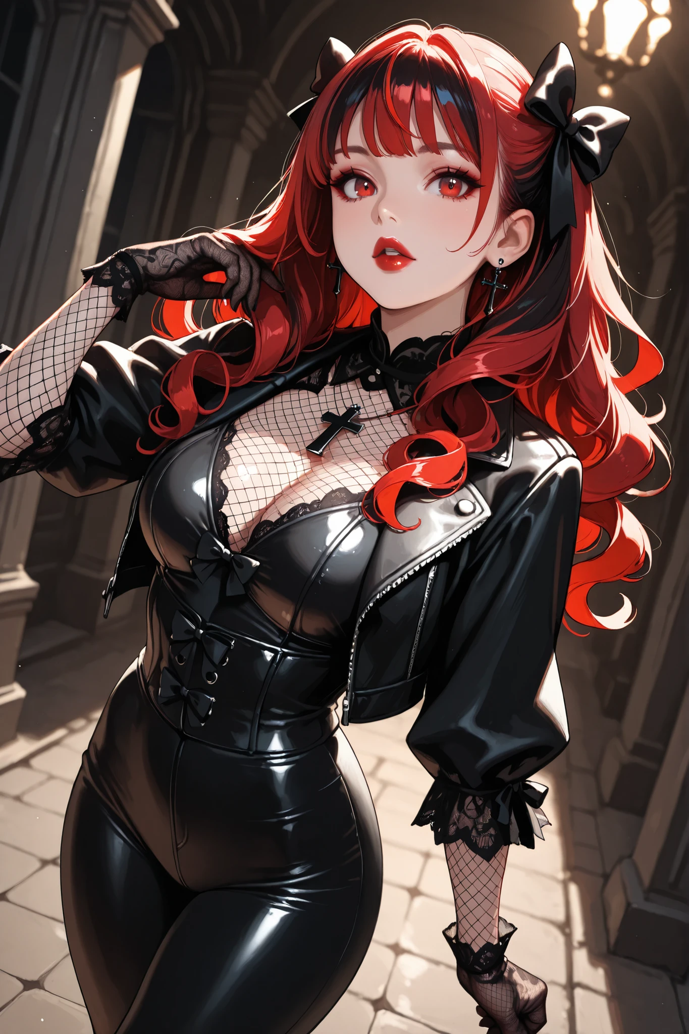 pale skin, deep red hair, huge breast, bdsm, smile