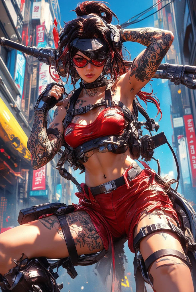 ((masterpiece)), ((best quality)), 1girl (jinx from arcane), depth of field, pastel:1.2, slim waist, perfect body, dynamic:1.2, realistic light, Nvidia Ray tracing, (((cinematic))), intricate, (cinematic shot), (ambient occlusion), particles, volumetric light, glowing, high contrast, absolutely eye-catching, breathtaking, ((ultra detailed intricate cinematic background:1.2)), ((crazy look:1.2, eye contact)), ((girl riding a red rocket:1.5)), (explosions), ((city from arcane))
