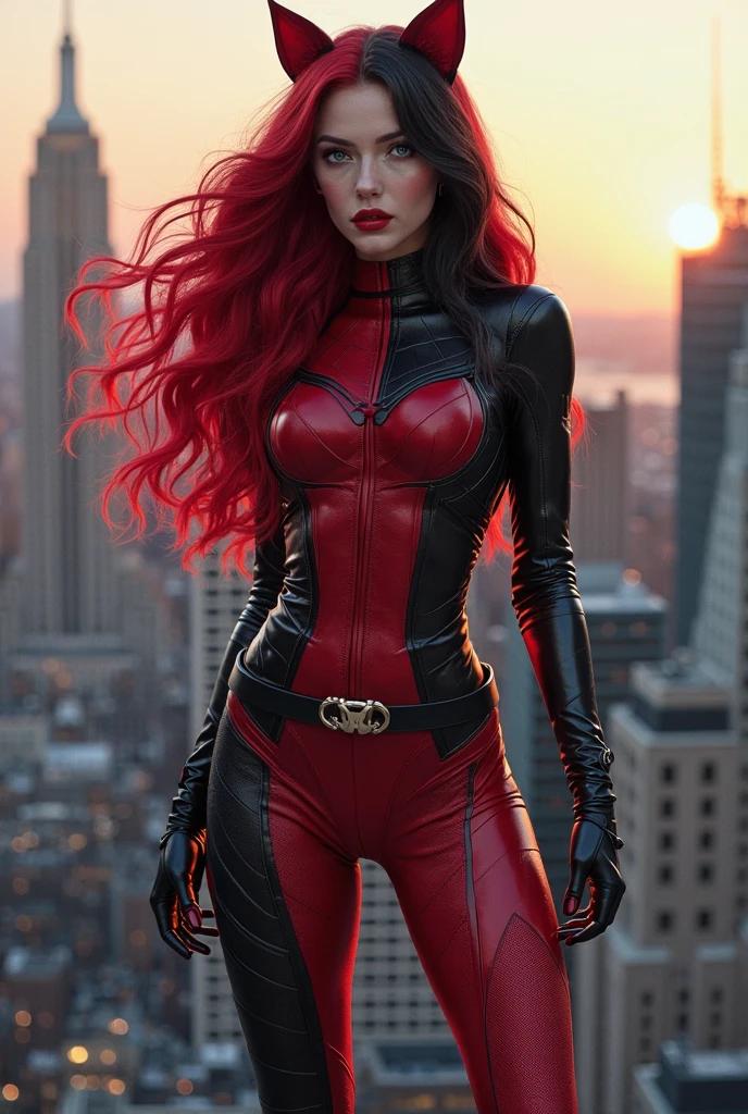 Halle Berry、masterpiece、High quality 4K、villain (X-Men)、Gothic Girl、Sculpted Body Gothic Makeup、Black jacket、Red and blue bodysuit、masterpiece、highest quality、Cowboy Shots、one personの女の子、one person、Technology Military Bodysuit、fringe