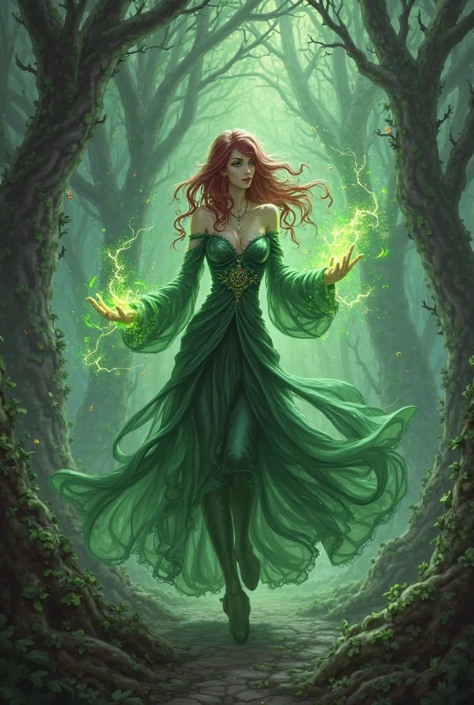 A woman in the middle of the forest,de cabelo ruivo, wearing green clothes, using green magic to create and control the plants around you, Like roots,Trees,carnivorous plants and etc.